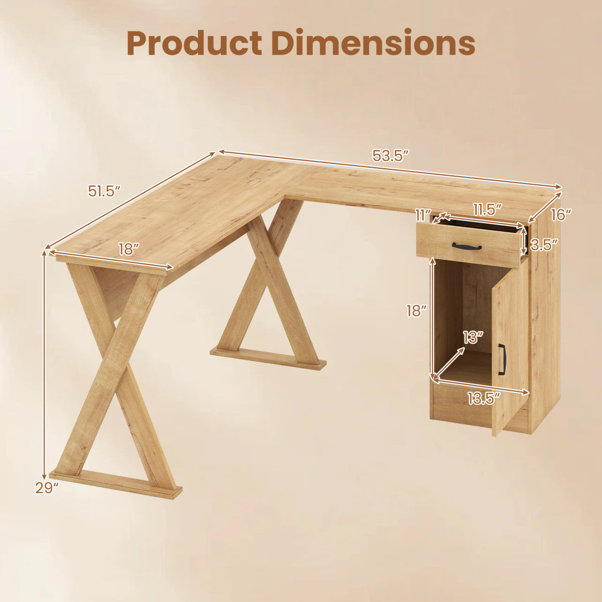 L-Shaped Computer Desk with Reversible Drawer and Cabinet for Bedroom