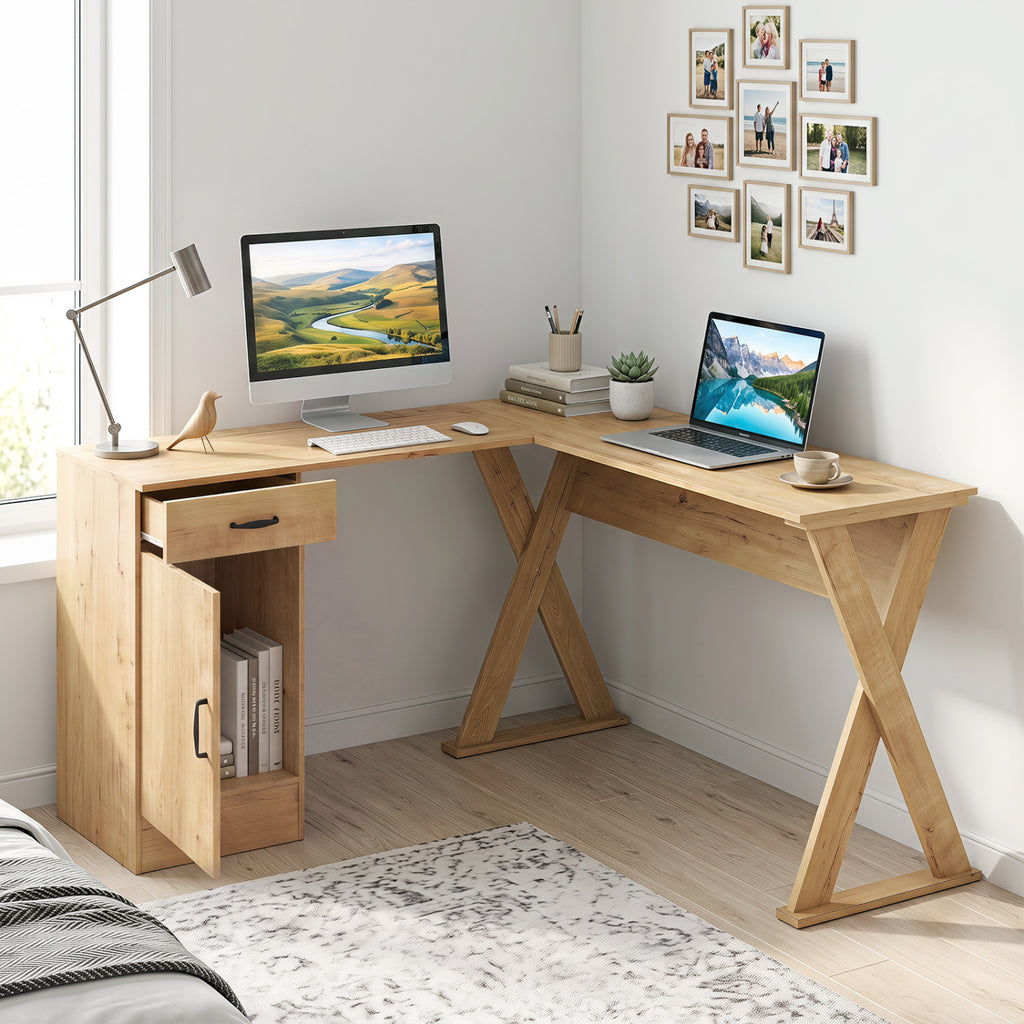 L-Shaped Computer Desk with Reversible Drawer and Cabinet for Bedroom