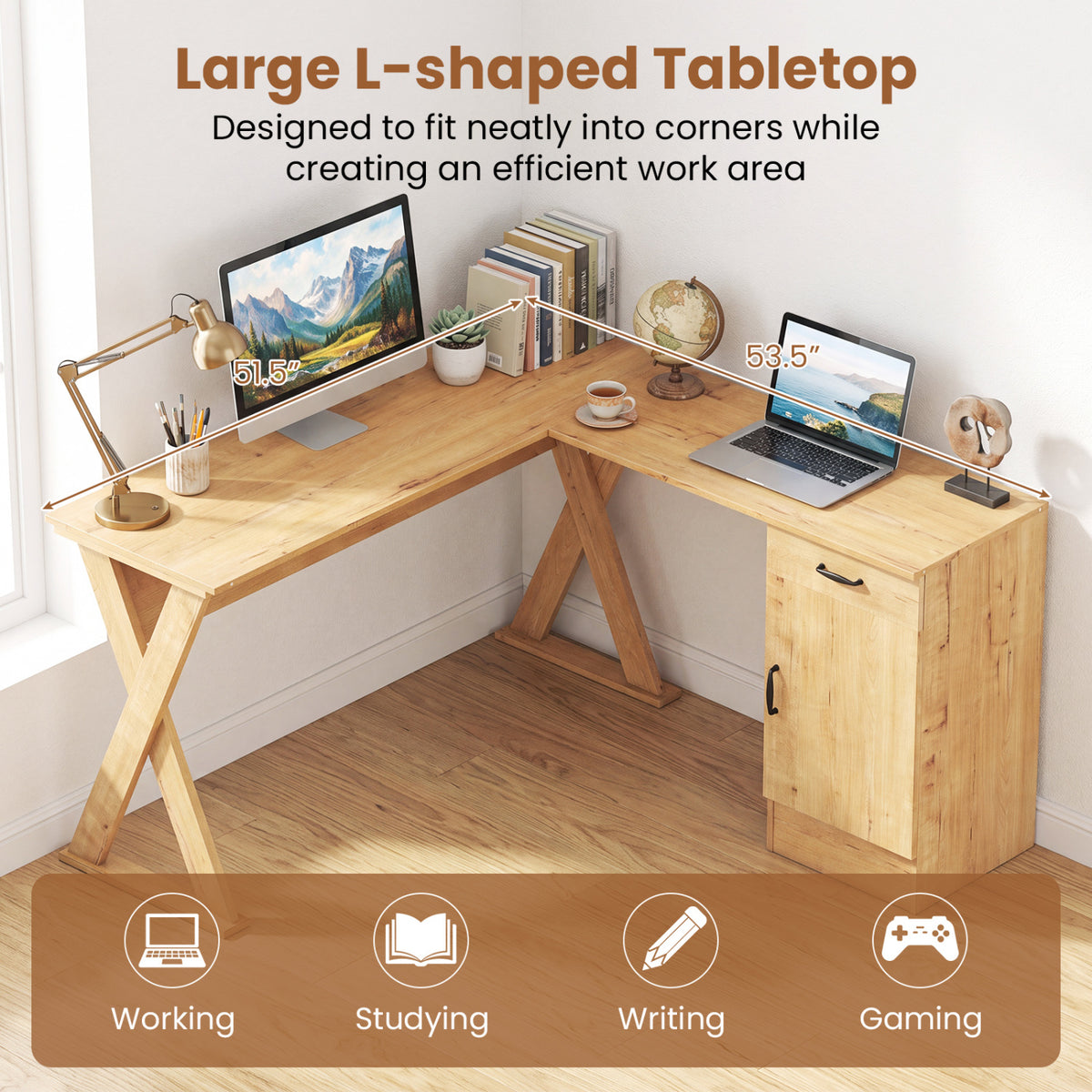 L-Shaped Computer Desk with Reversible Drawer and Cabinet for Bedroom