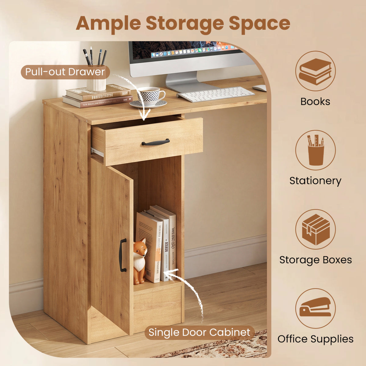 L-Shaped Computer Desk with Reversible Drawer and Cabinet for Bedroom
