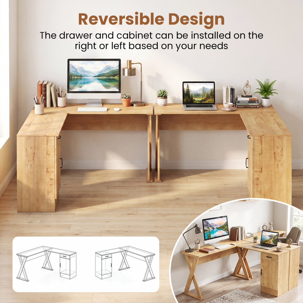 L-Shaped Computer Desk with Reversible Drawer and Cabinet for Bedroom