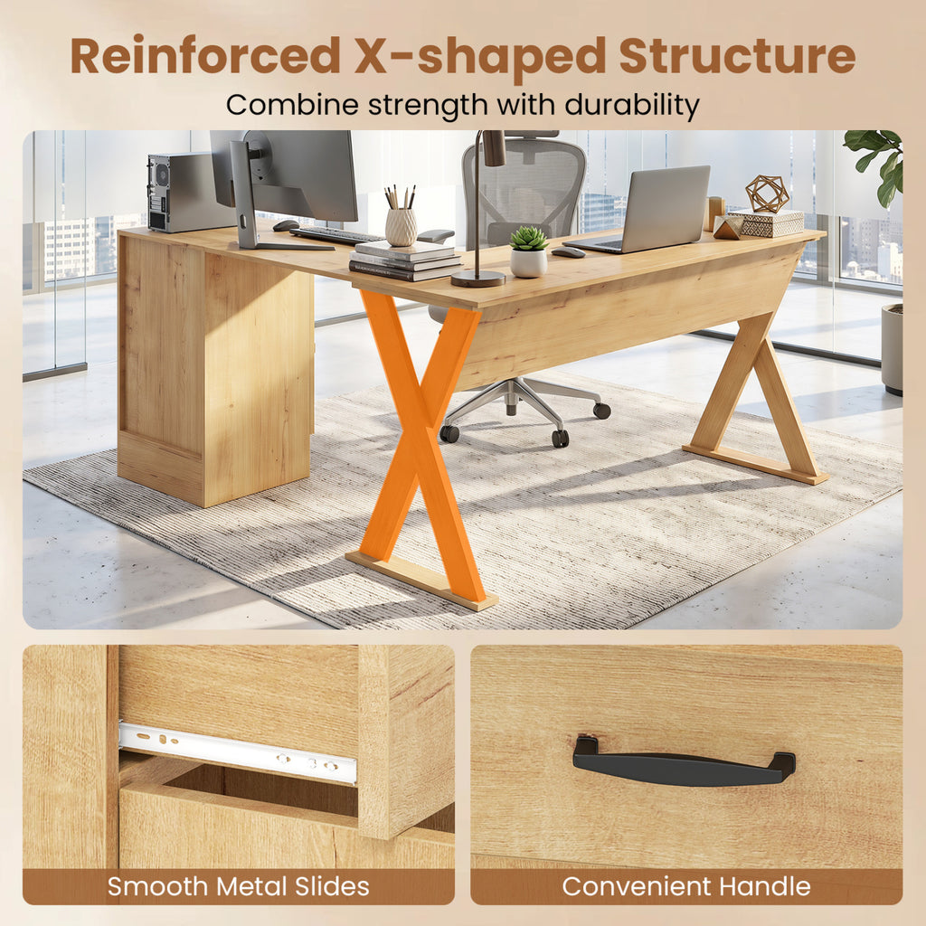 L-Shaped Computer Desk with Reversible Drawer and Cabinet for Bedroom