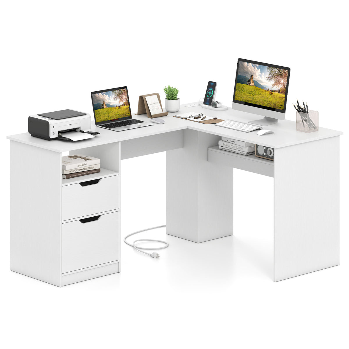 L-Shaped Computer Desk with Storage Drawers - White