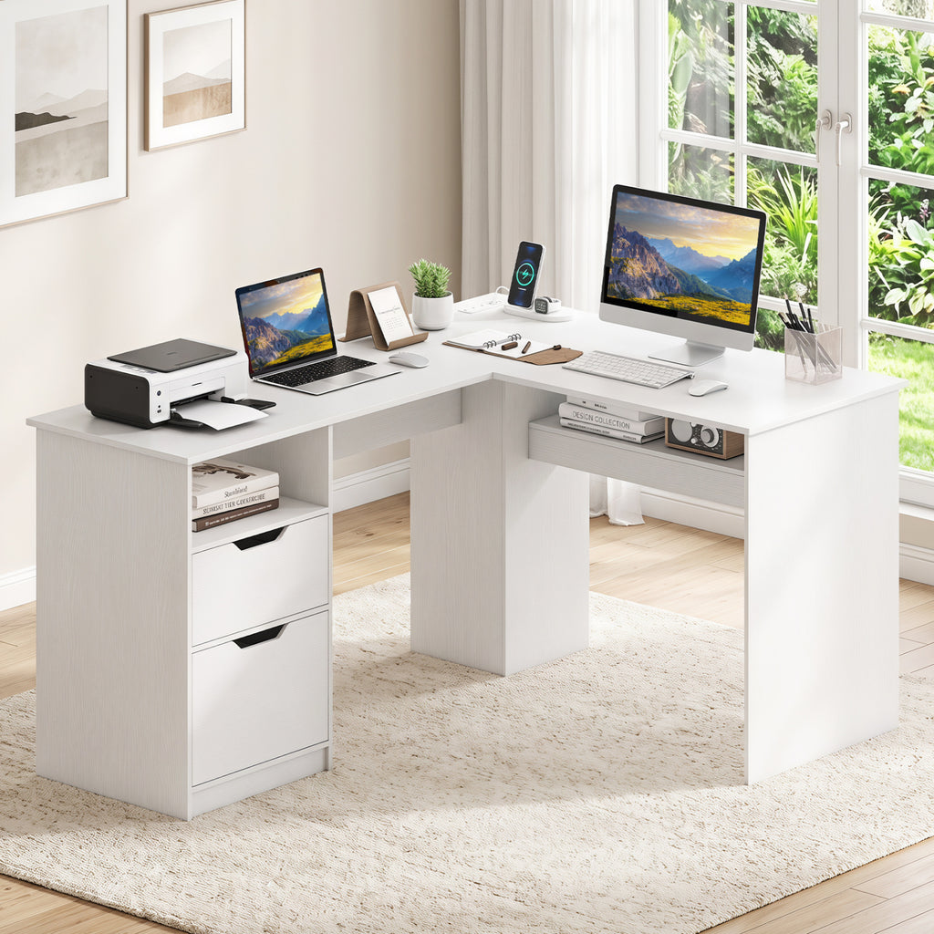 L-Shaped Computer Desk with Drawers & Charging – White