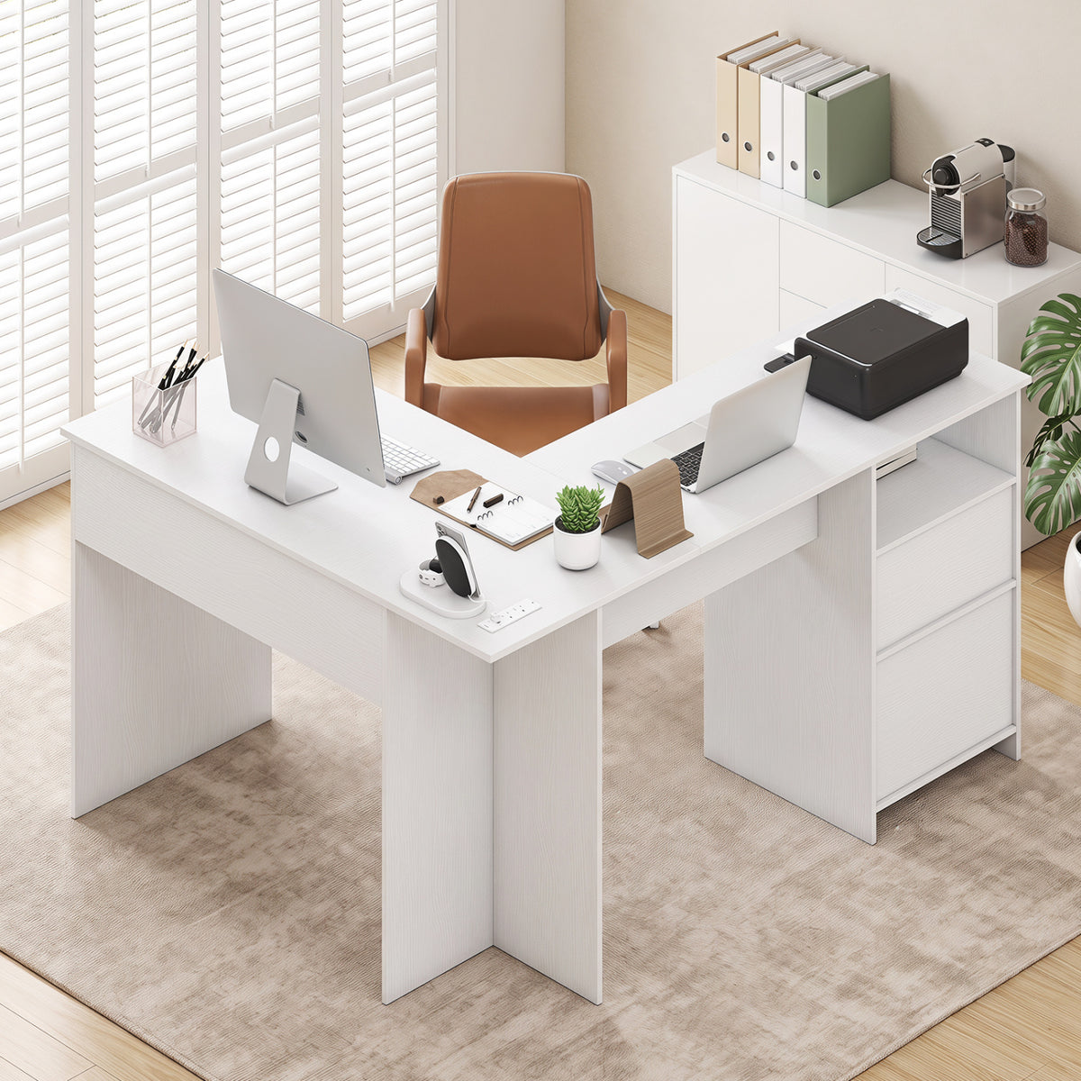 L-Shaped Computer Desk with Storage Drawers - White