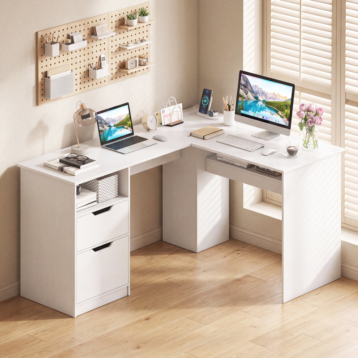 L-Shaped Computer Desk with Drawers & Charging – White