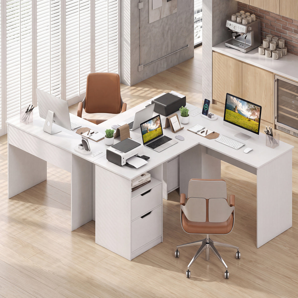 L-Shaped Computer Desk with Storage Drawers - White