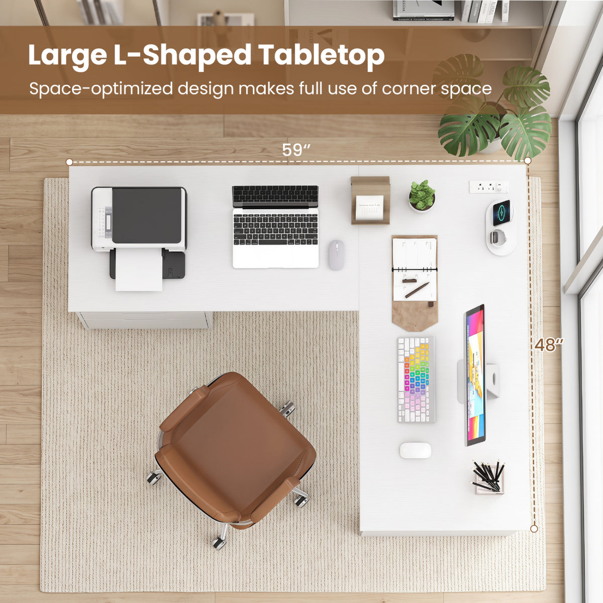 L-Shaped Computer Desk with Drawers & Charging – White