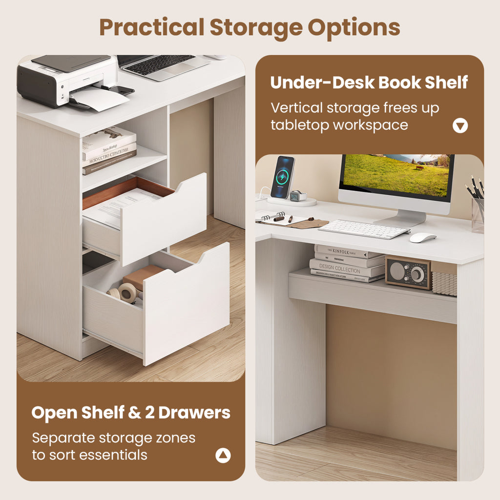 L-Shaped Computer Desk with Drawers & Charging – White