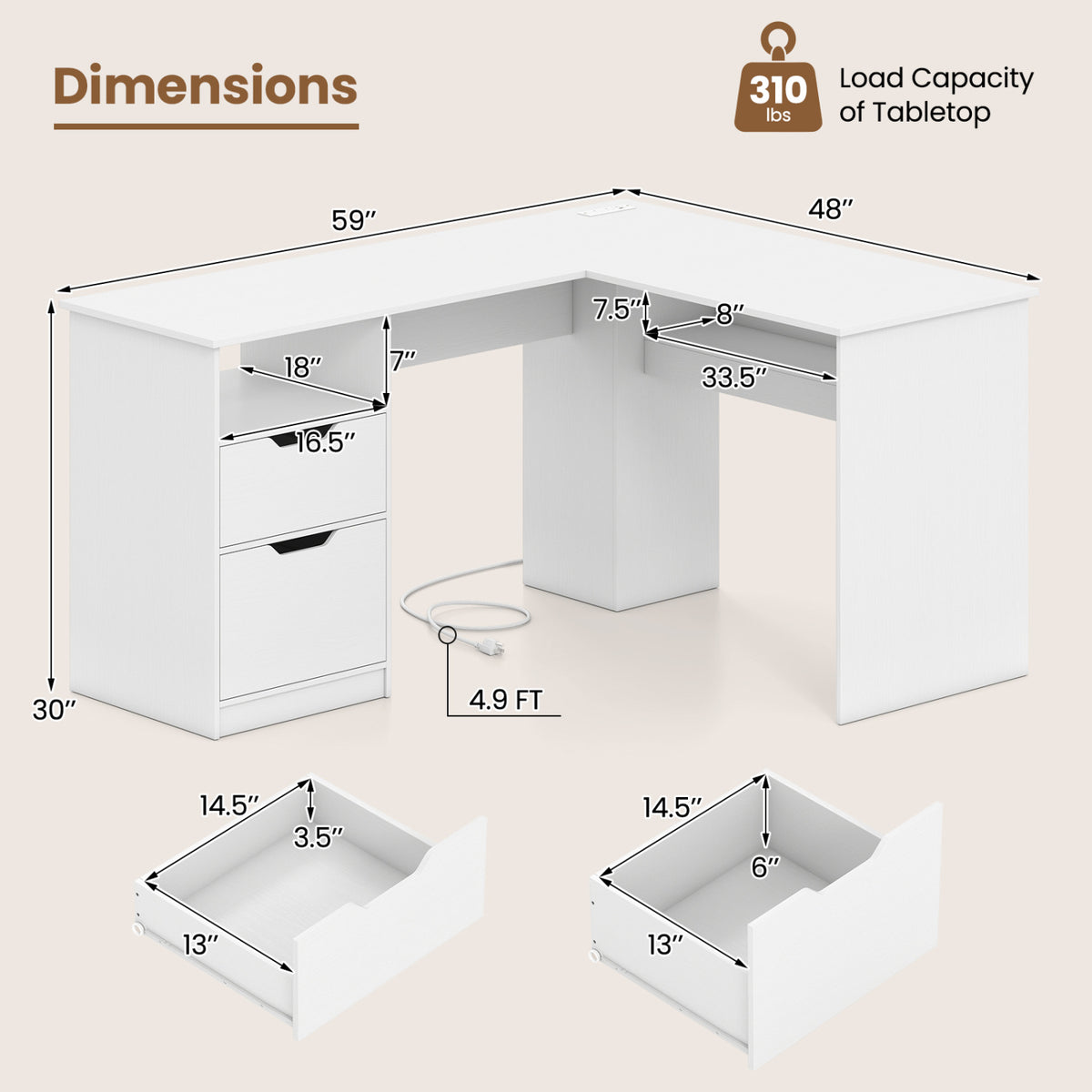 L-Shaped Computer Desk with Drawers & Charging – White