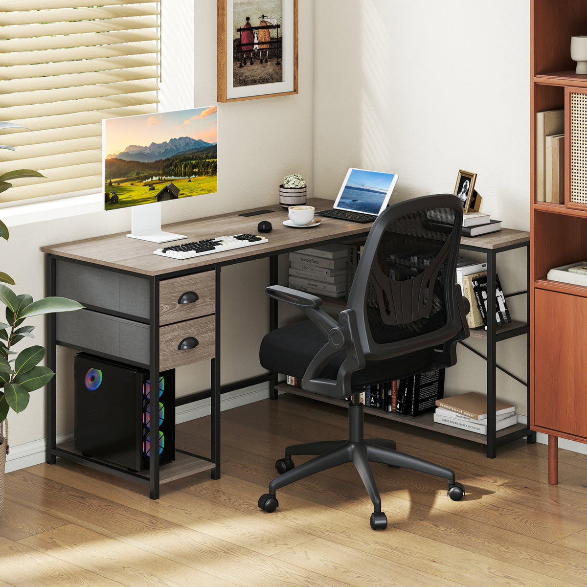 L Shaped Desk with Charging Station Corner Computer 2 Fabric Drawers