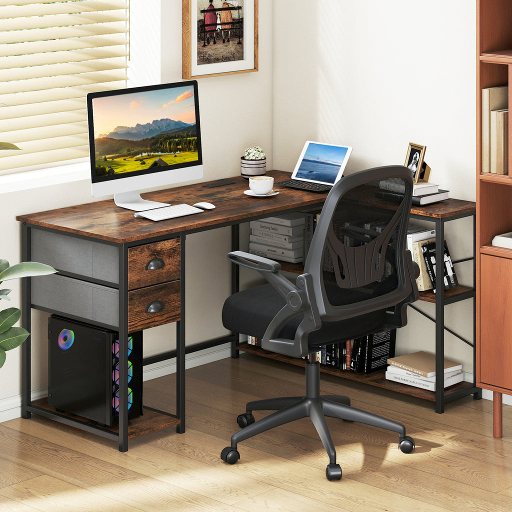 L Shaped Desk with Charging Station Corner Computer 2 Fabric Drawers