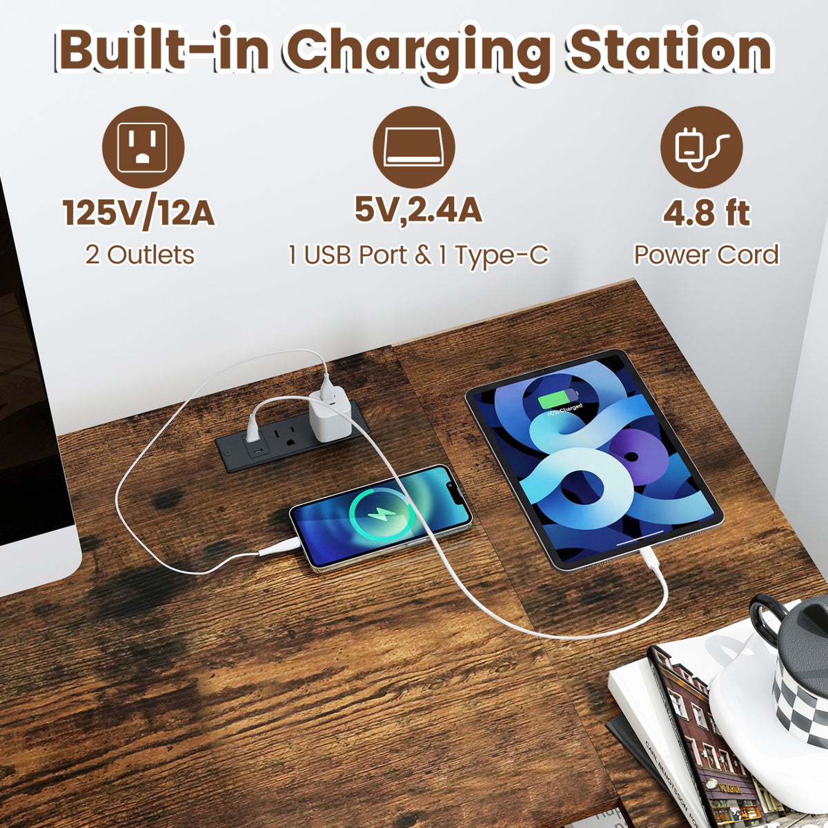 L Shaped Computer Desk with Charging Station - Rustic Brown