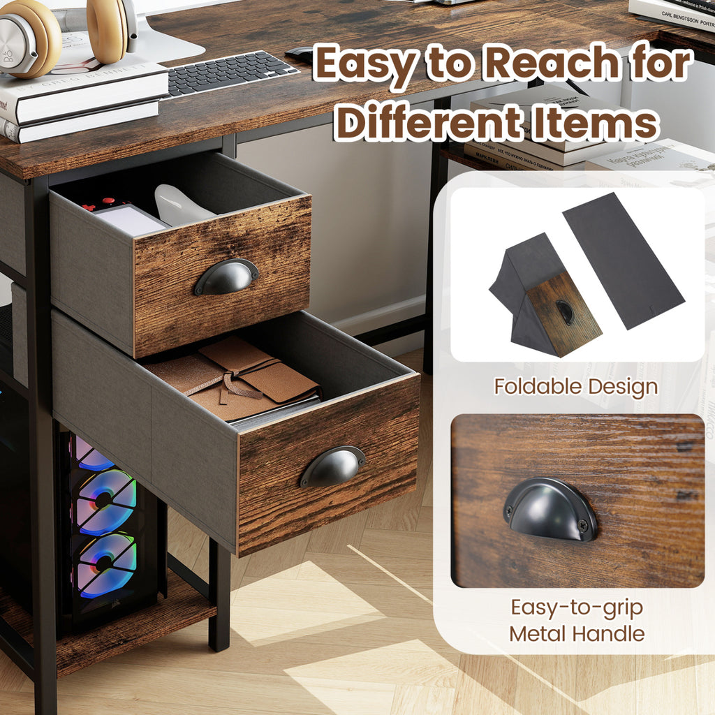 L Shaped Desk with Charging Station Corner Computer 2 Fabric Drawers