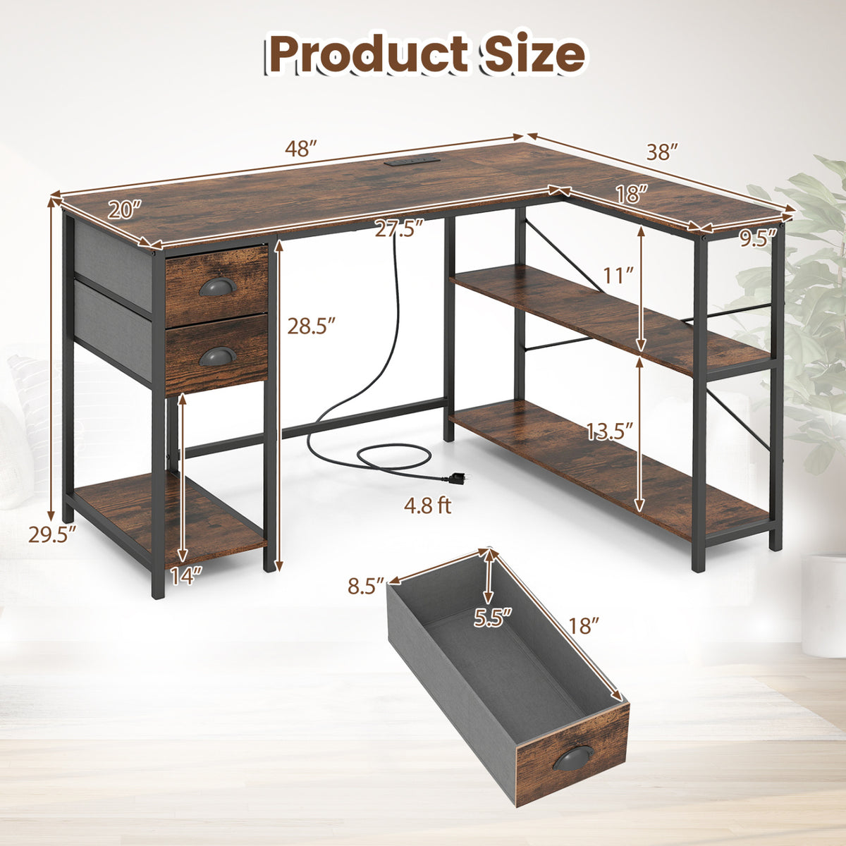 L Shaped Computer Desk with Charging Station - Rustic Brown