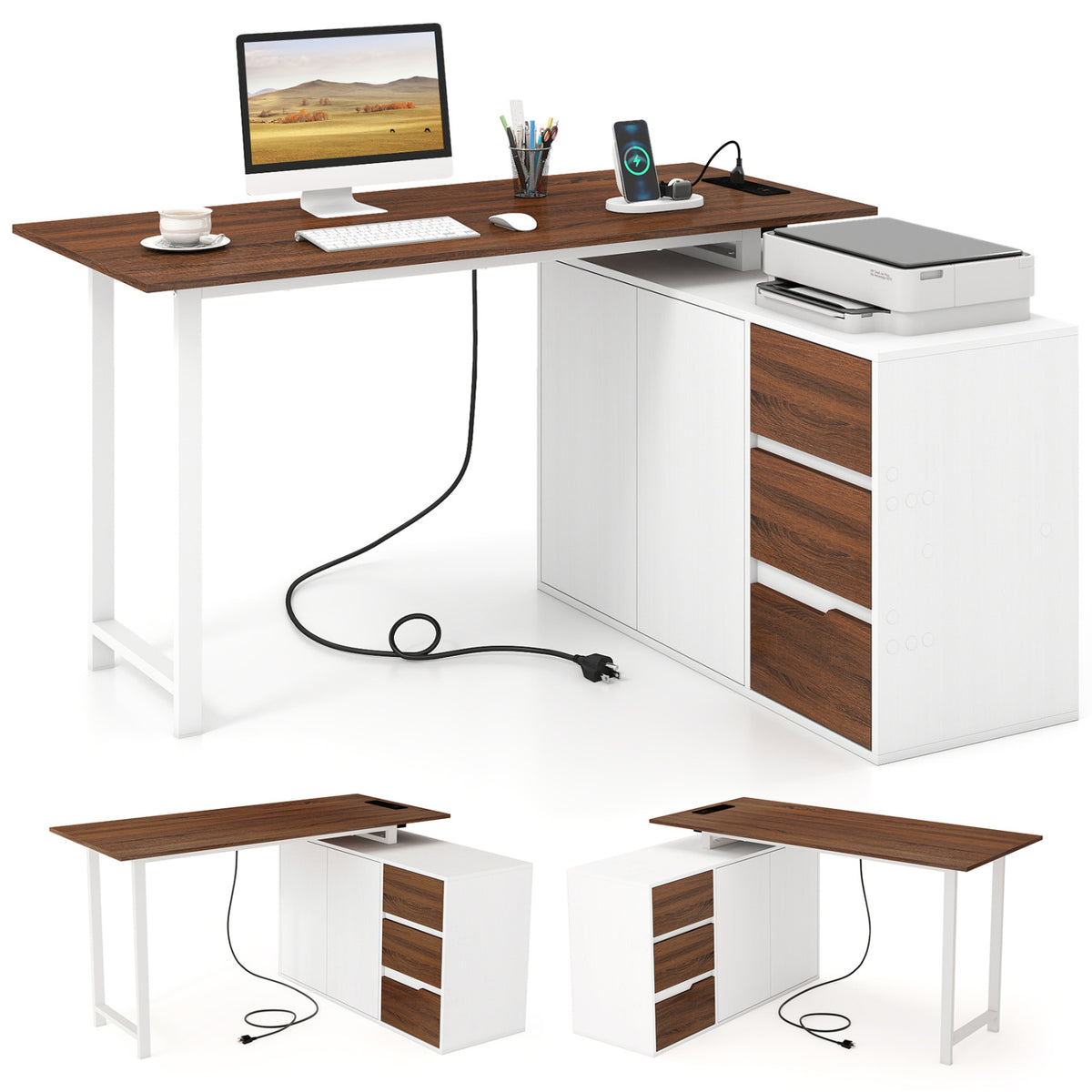 L-Shaped Computer Desk with File Cabinet & Power Outlet - Rustic Brown