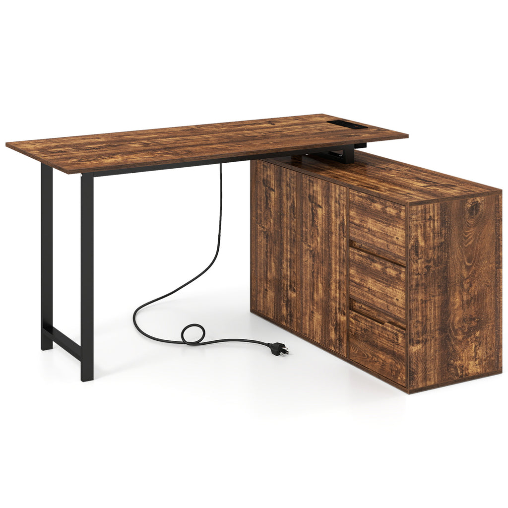 L-Shaped Computer Desk with File Cabinet & Power Outlet - Rustic Brown