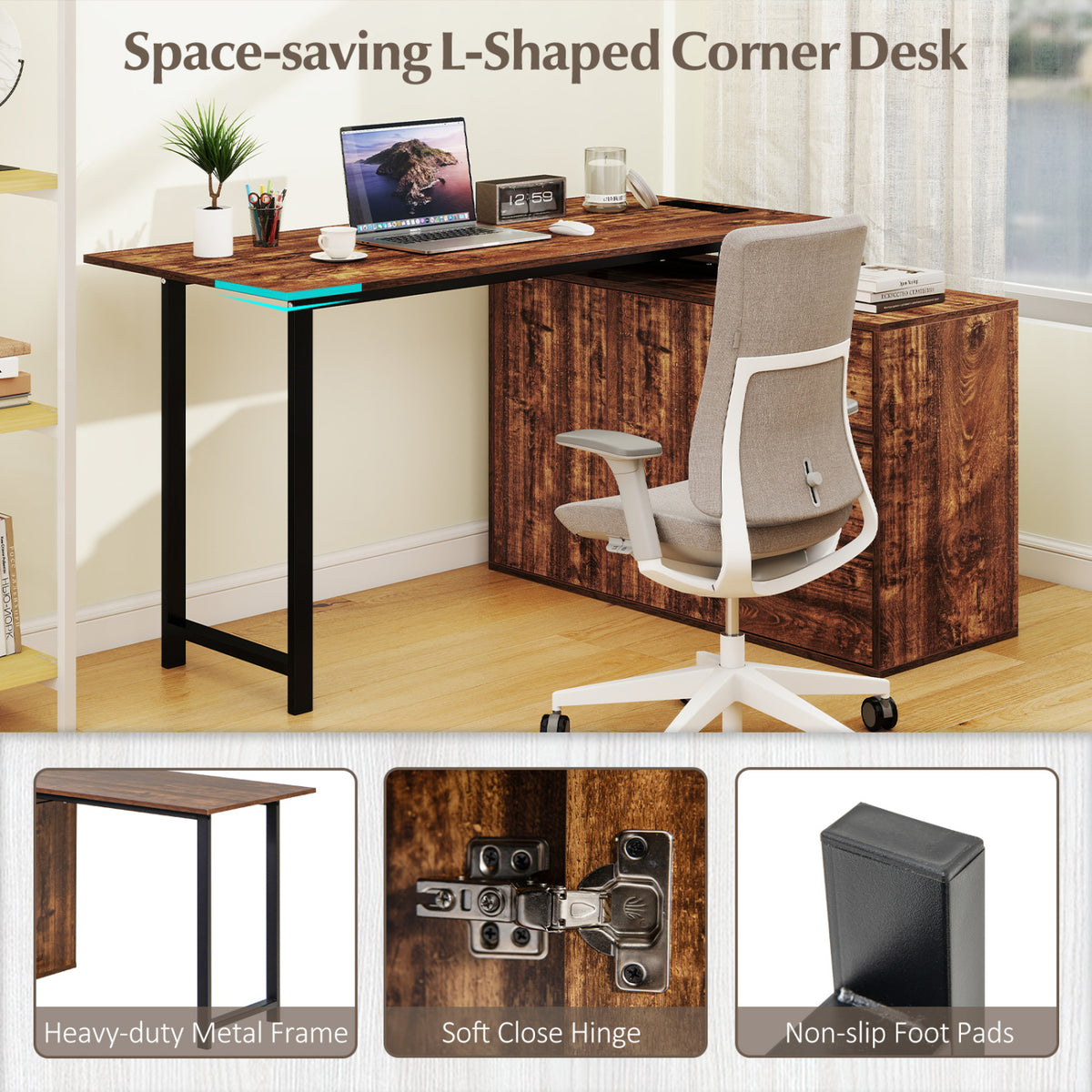 L-Shaped Computer Desk with File Cabinet & Power Outlet - Rustic Brown