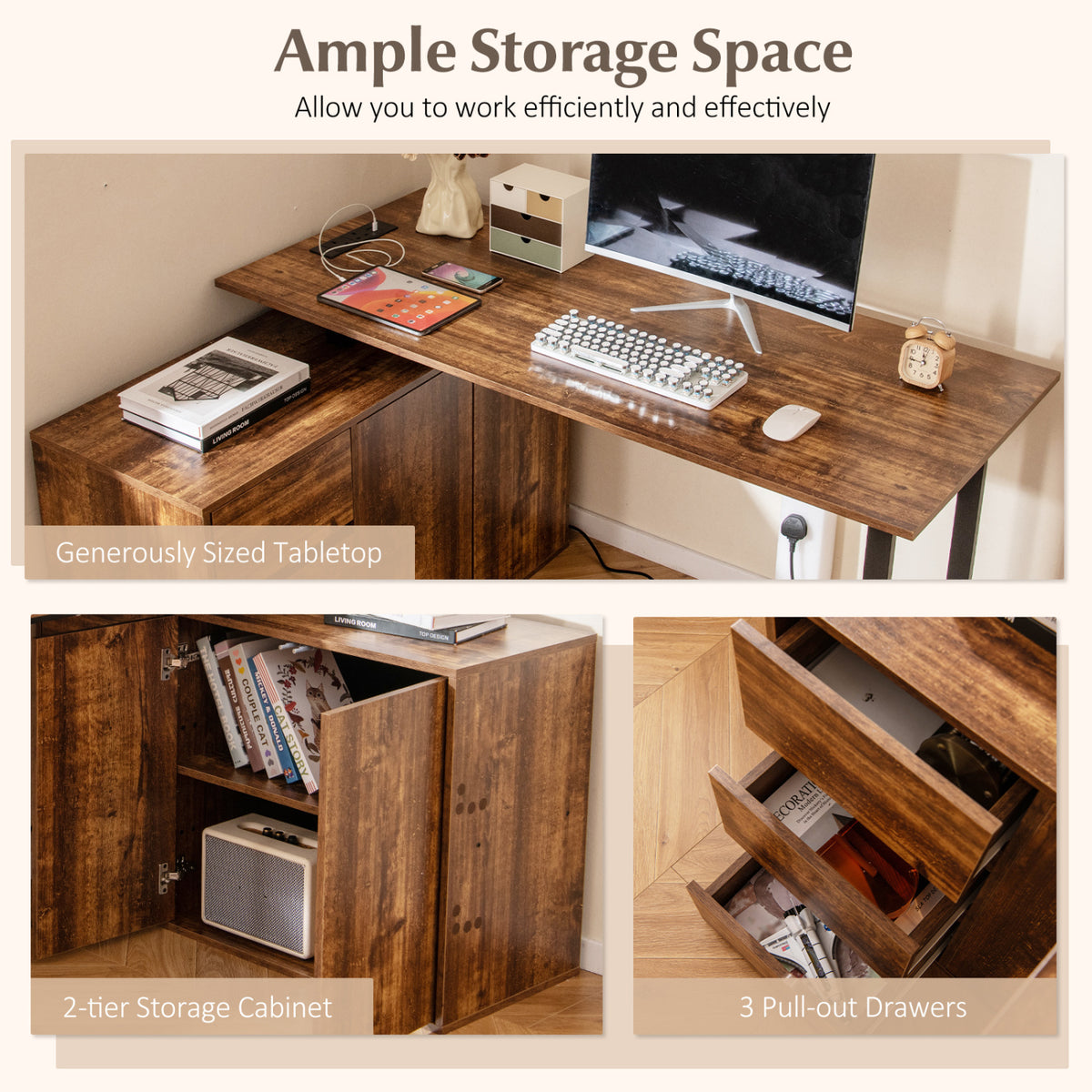 L-Shaped Computer Desk with File Cabinet & Power Outlet - Rustic Brown
