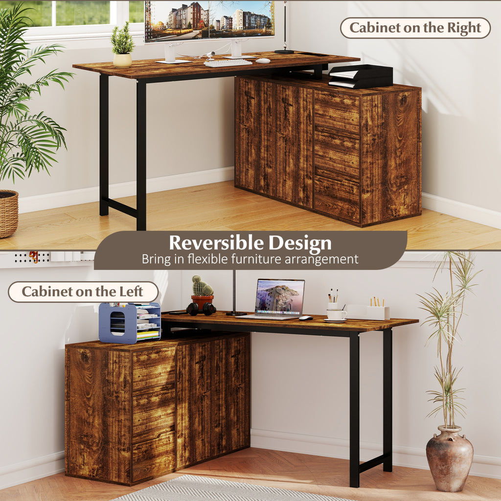L-Shaped Computer Desk with File Cabinet & Power Outlet - Rustic Brown