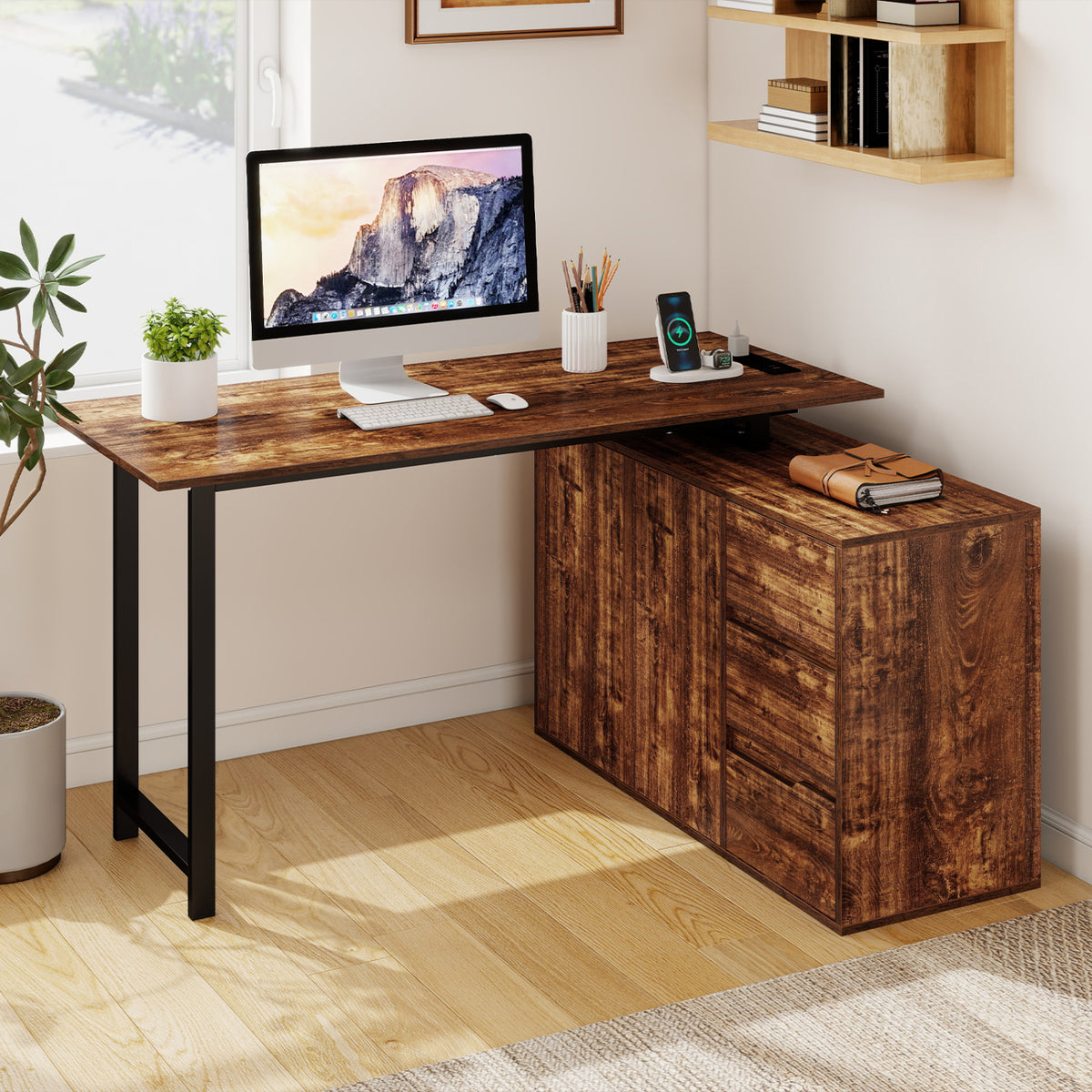 L-Shaped Computer Desk with File Cabinet & Power Outlet - Rustic Brown