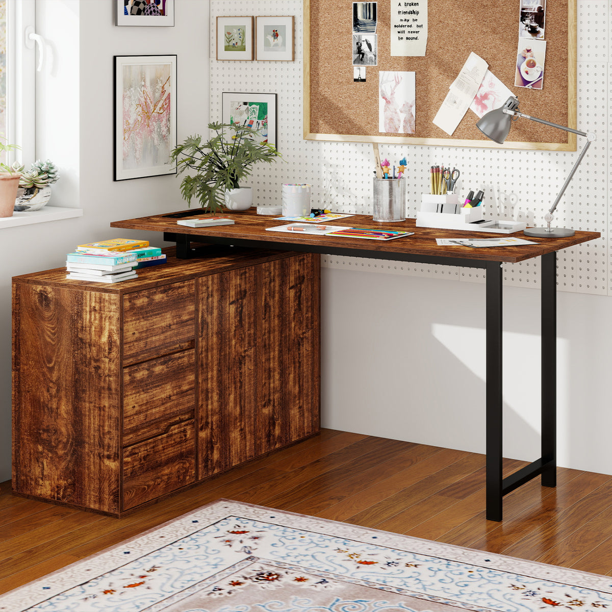 L-Shaped Computer Desk with File Cabinet & Power Outlet - Rustic Brown
