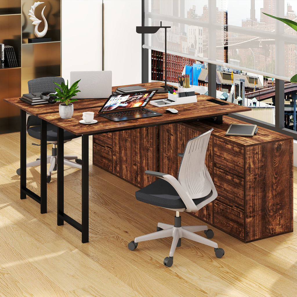 L-Shaped Computer Desk with File Cabinet & Power Outlet - Rustic Brown