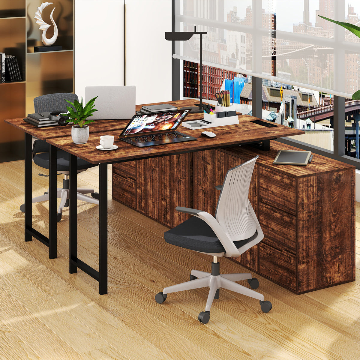 L-Shaped Computer Desk with File Cabinet & Power Outlet - Rustic Brown