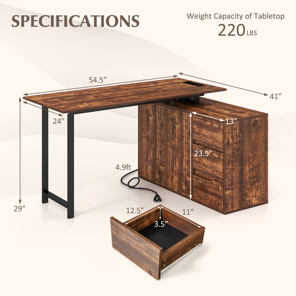 L-Shaped Computer Desk with File Cabinet & Power Outlet - Rustic Brown