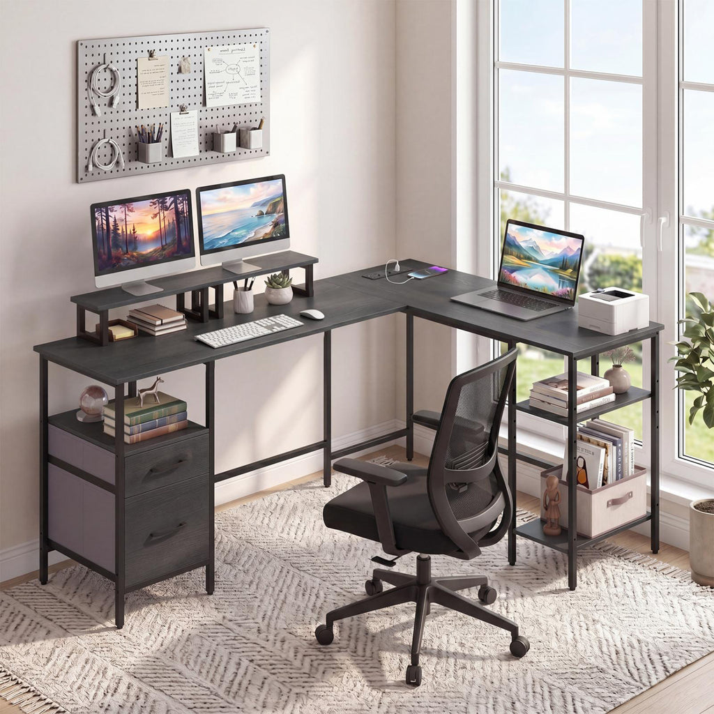 L Shaped Computer Desk with Power Outlet & Monitor Stands - Black