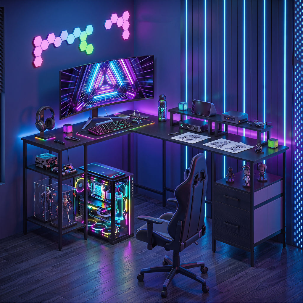 L Shaped Computer Desk with Power Outlet & Monitor Stands - Black