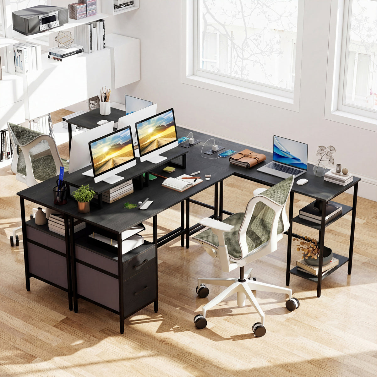 L Shaped Computer Desk with Power Outlet & Monitor Stands - Black