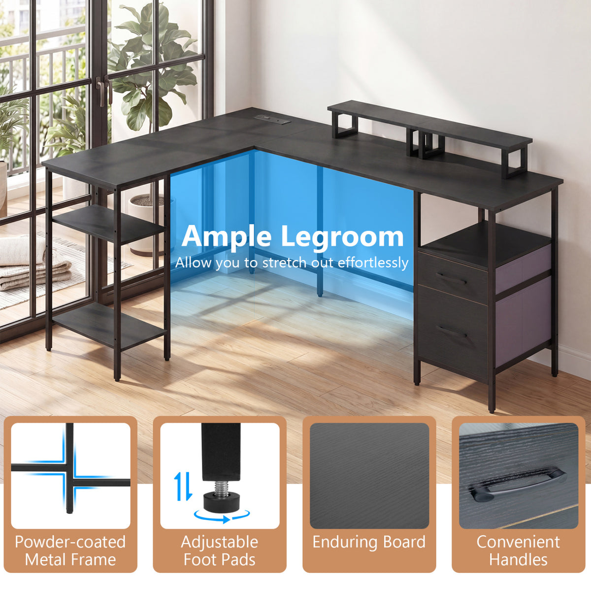 L Shaped Computer Desk with Power Outlet & Monitor Stands - Black