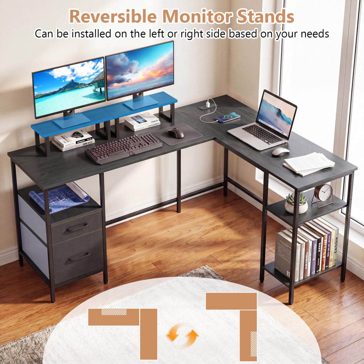 L Shaped Computer Desk with Power Outlet & Monitor Stands - Black