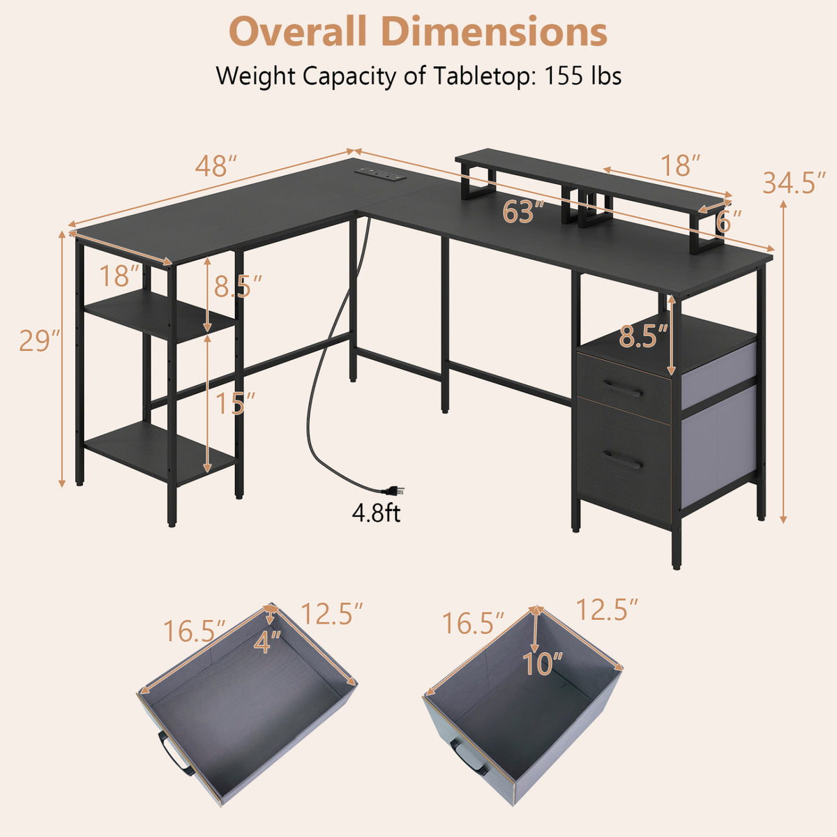 L Shaped Computer Desk with Power Outlet & Monitor Stands - Black