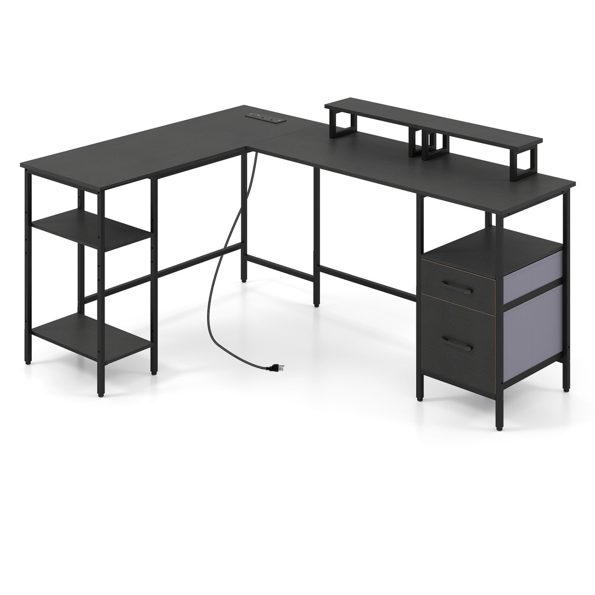 L Shaped Computer Desk with Power Outlet & Monitor Stands - Black