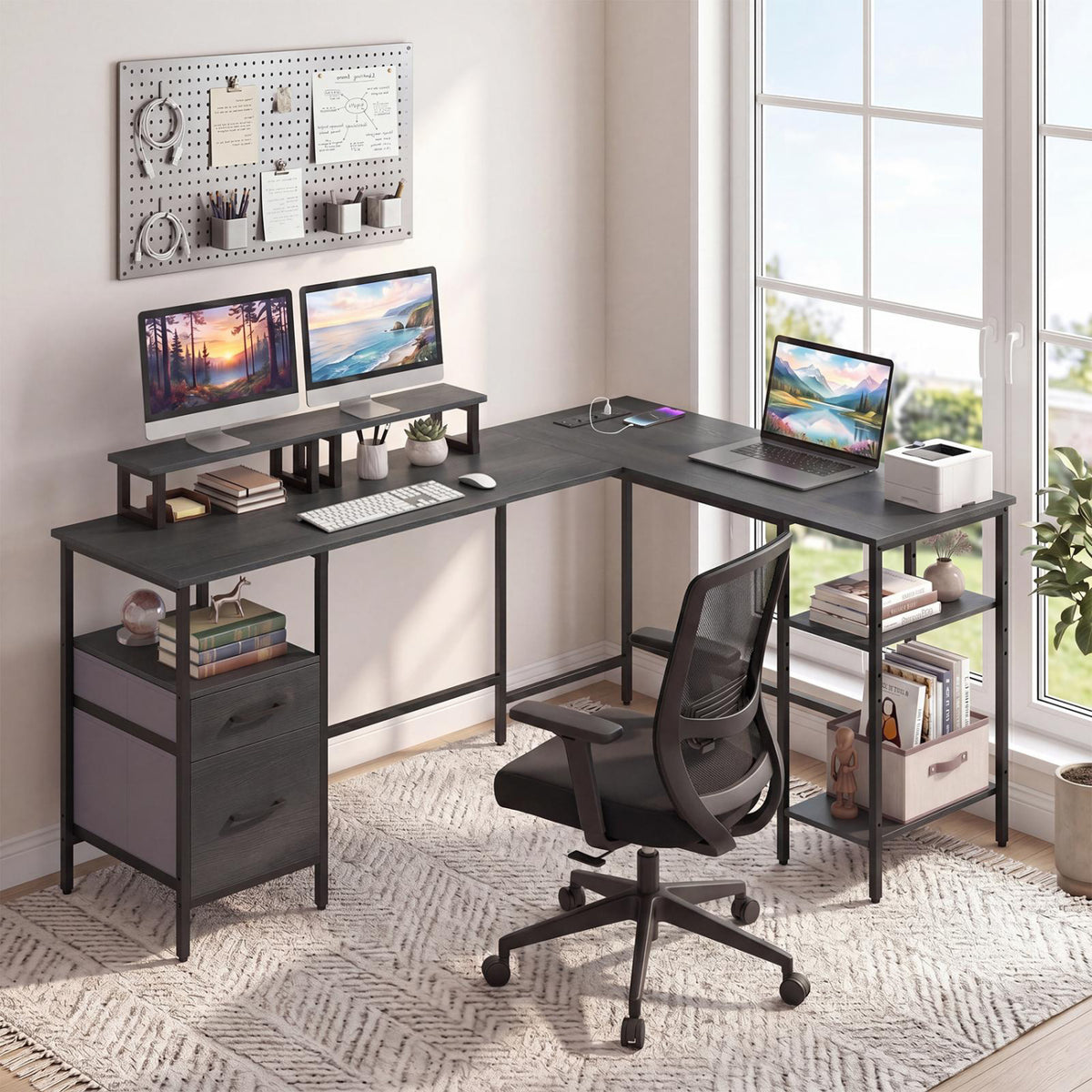 L Shaped Computer Desk with Power Outlet & Monitor Stands - Black