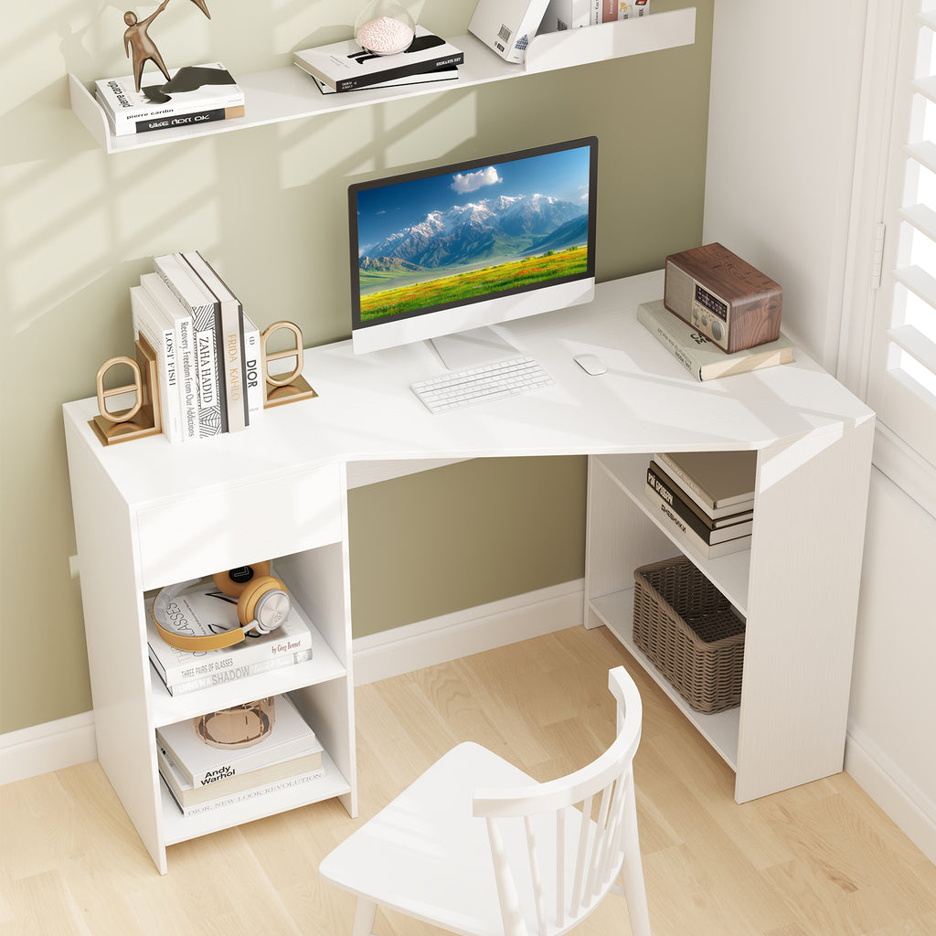 48-Inch L-Shaped Computer Desk with Drawer - White