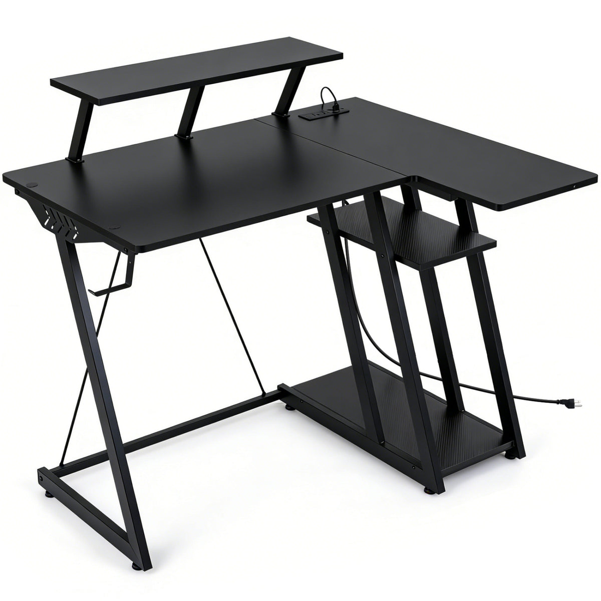 L Shaped Gaming Desk with Outlets and USB Ports