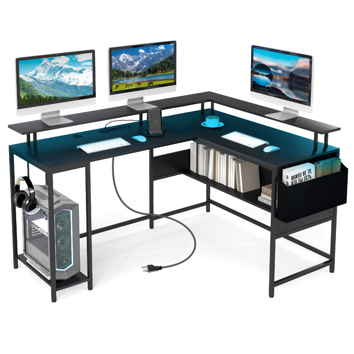 L-Shaped Gaming Desk with LED Lights and Power Outlets Home Office