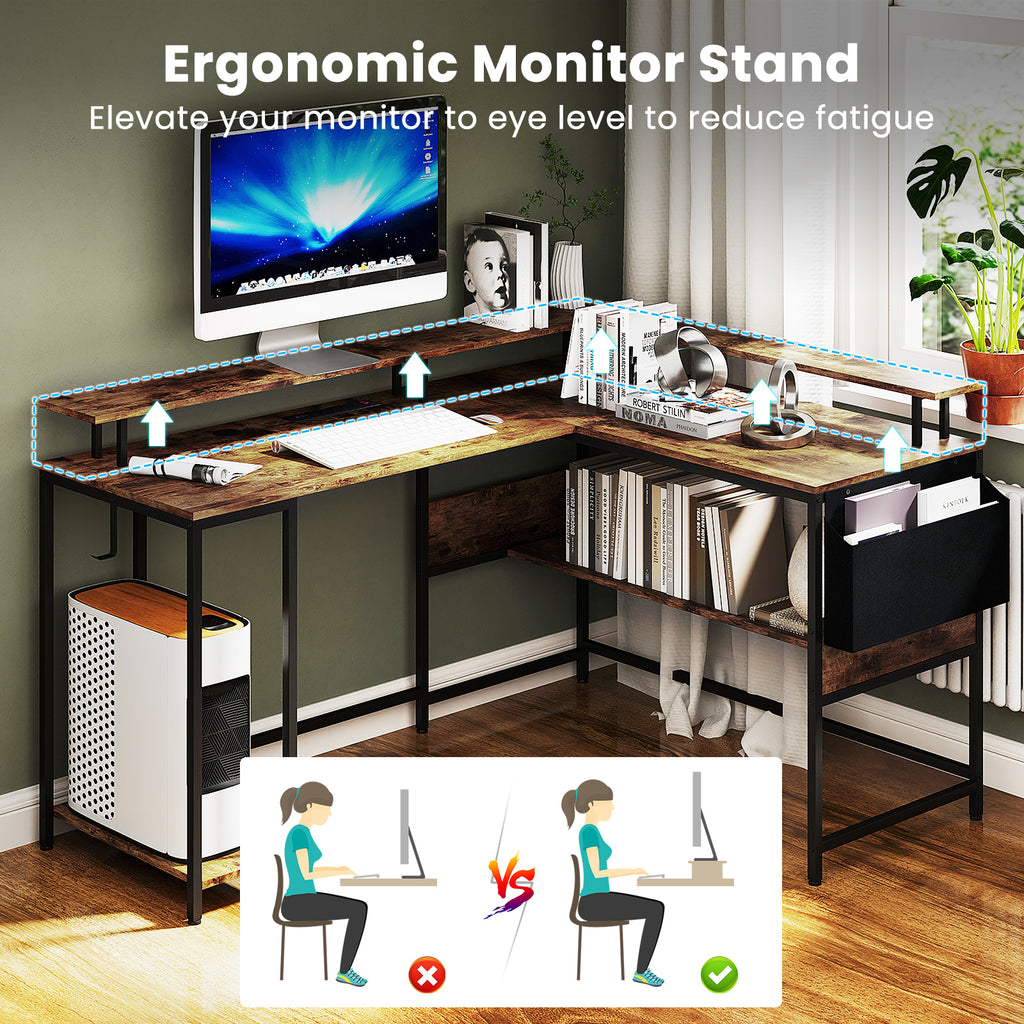 L-Shaped Gaming Desk with LED Lights and Power Outlets Home Office