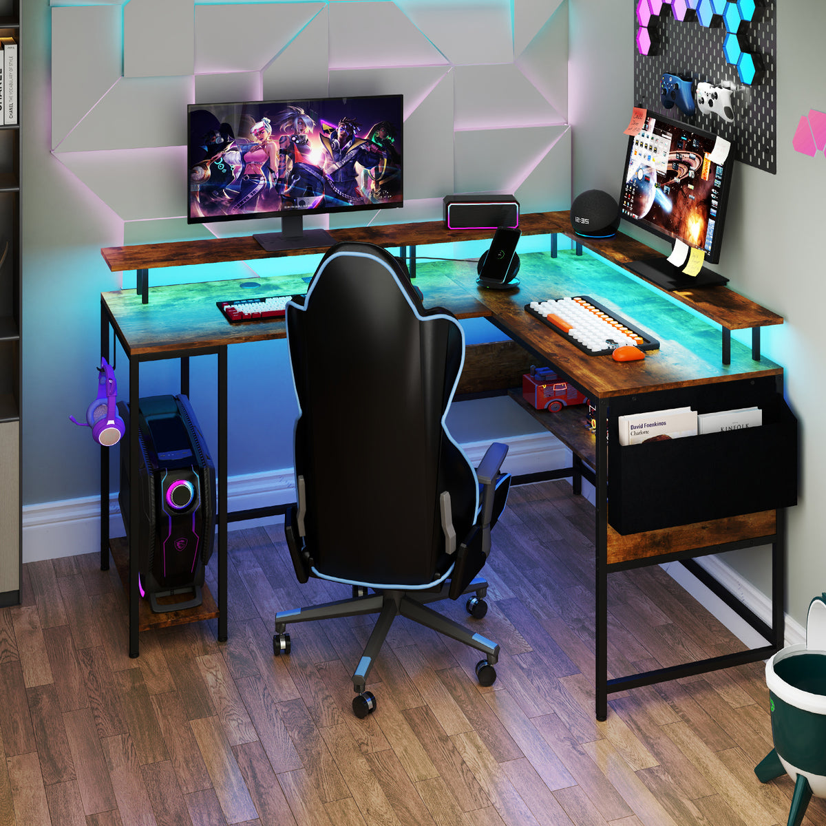 L-Shaped Gaming Desk with LED Lights and Power Outlets Home Office