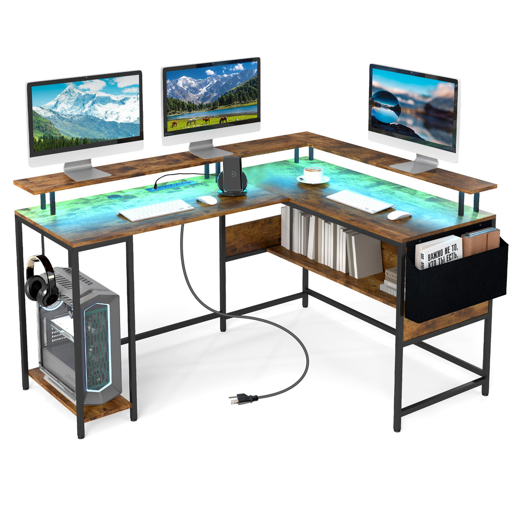 L-Shaped Gaming Desk with LED Lights and Power Outlets Home Office
