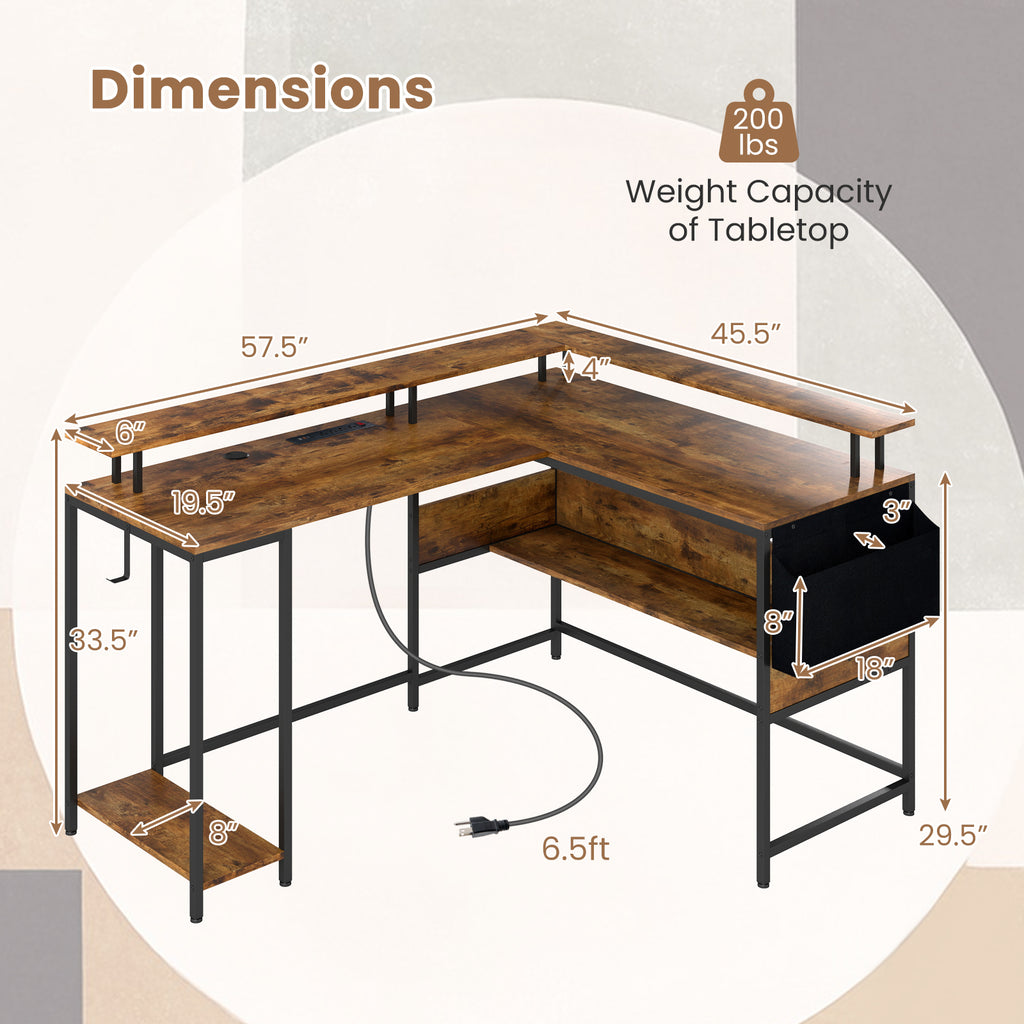 L-Shaped Gaming Desk with LED Lights and Power Outlets Home Office