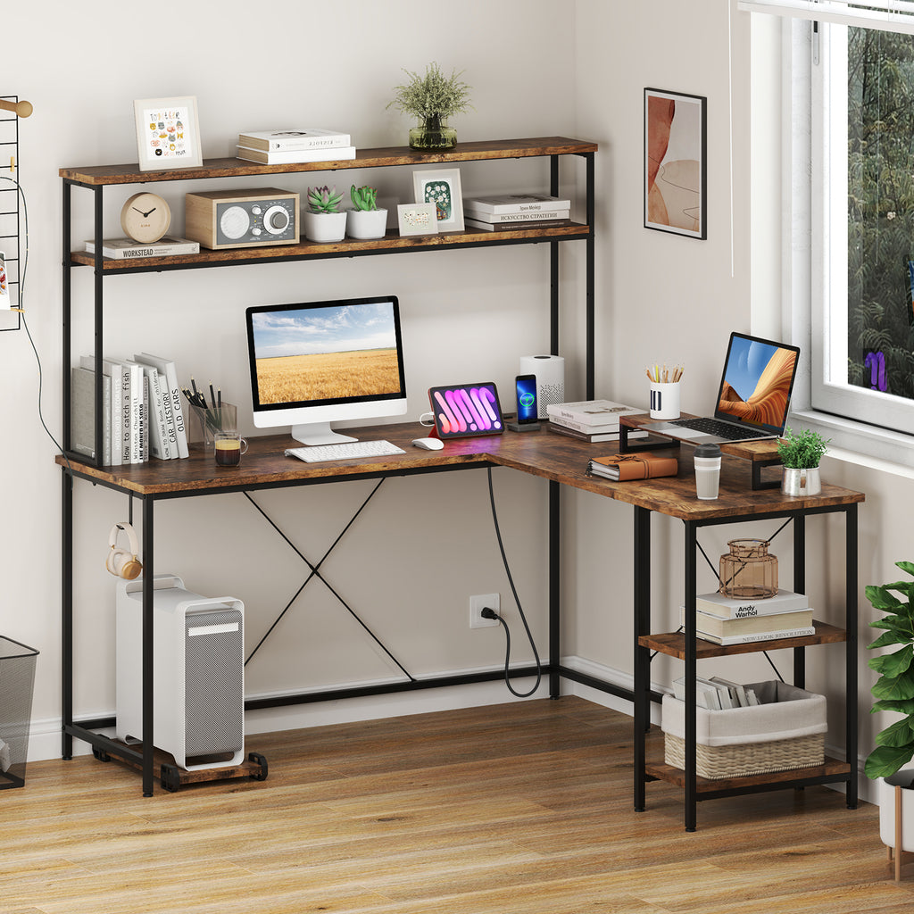 L-Shaped Reversible Gaming Desk with LED Strip and Power Outlets