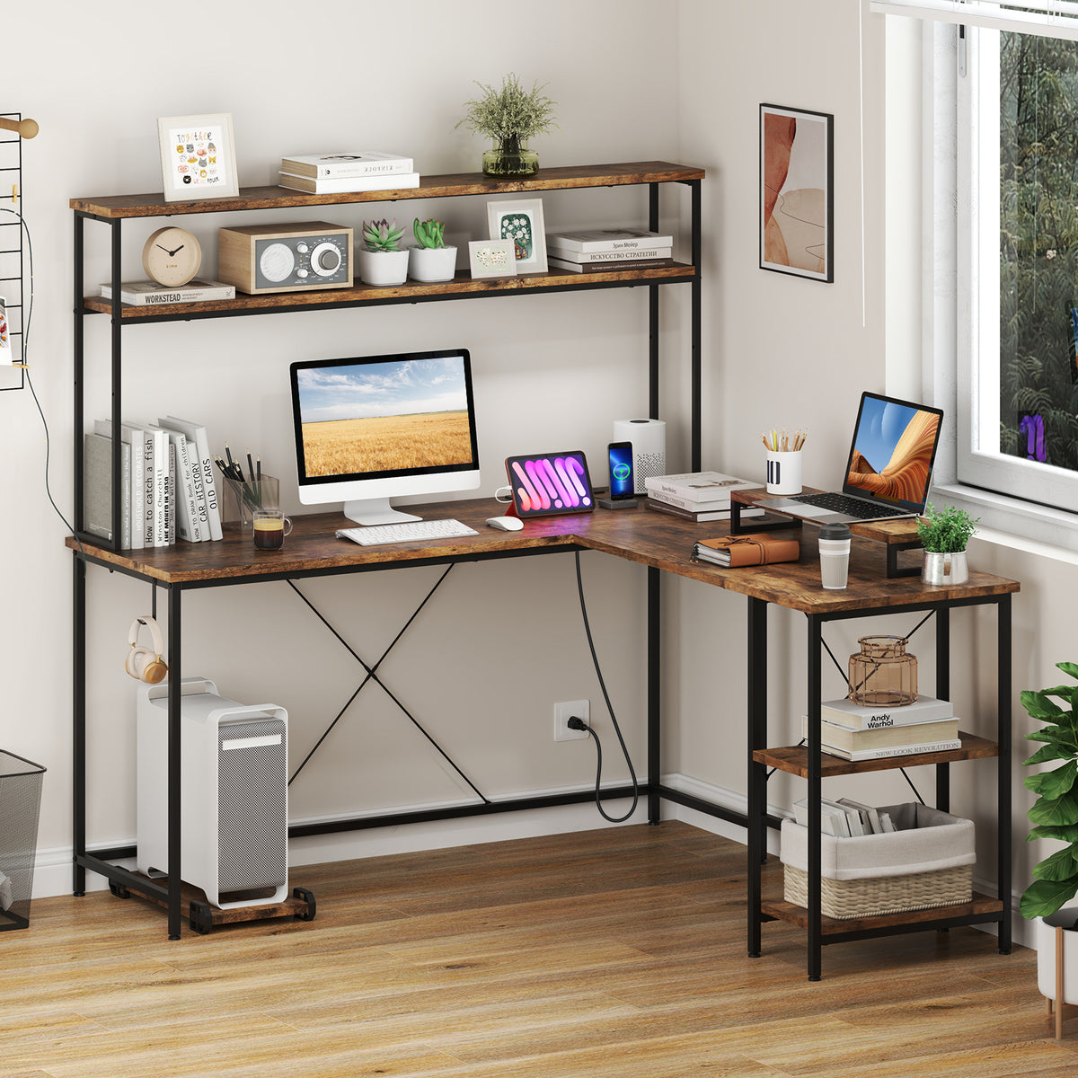L-Shaped Reversible Gaming Desk with LED Strip and Power Outlets