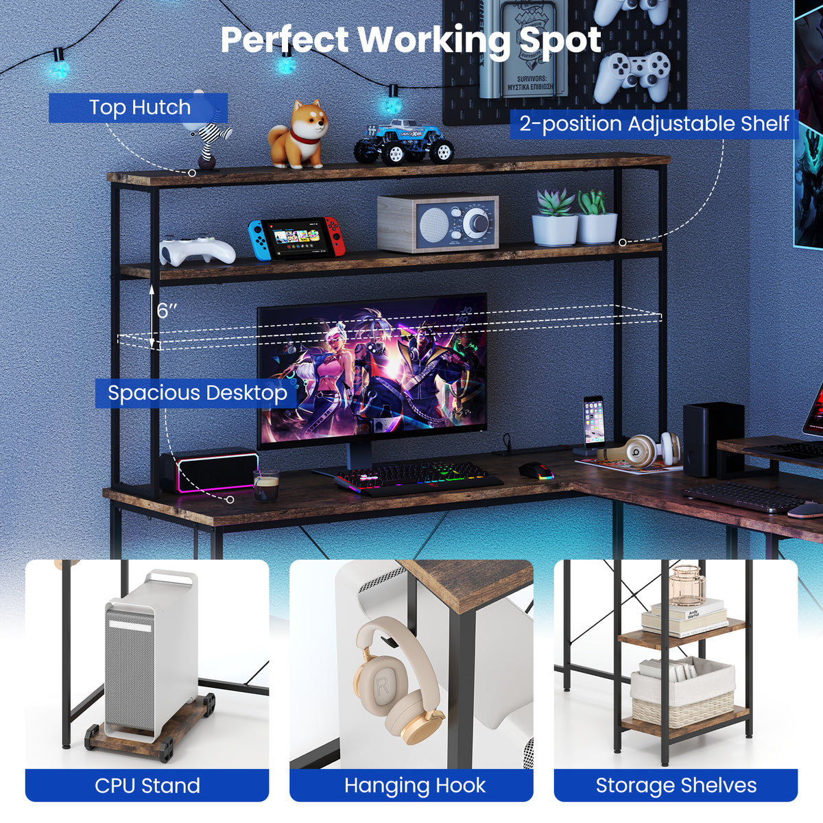 L-Shaped Reversible Gaming Desk with LED Strip and Power Outlets