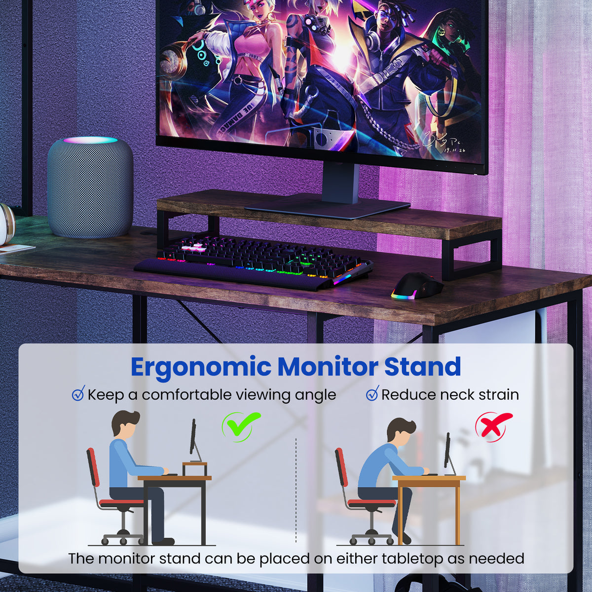 L-Shaped Reversible Gaming Desk with LED Strip and Power Outlets