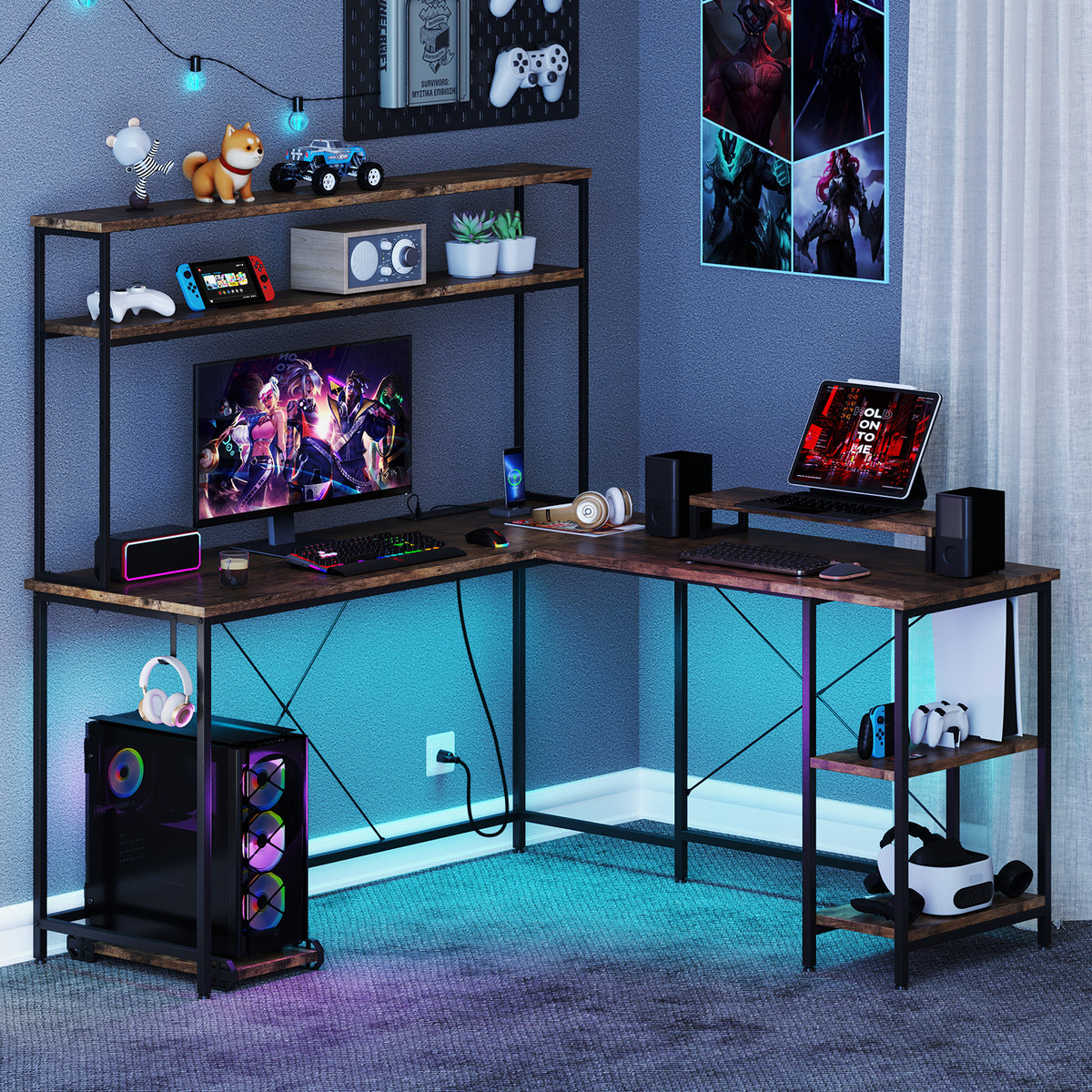 L-Shaped Reversible Gaming Desk with LED Strip and Power Outlets