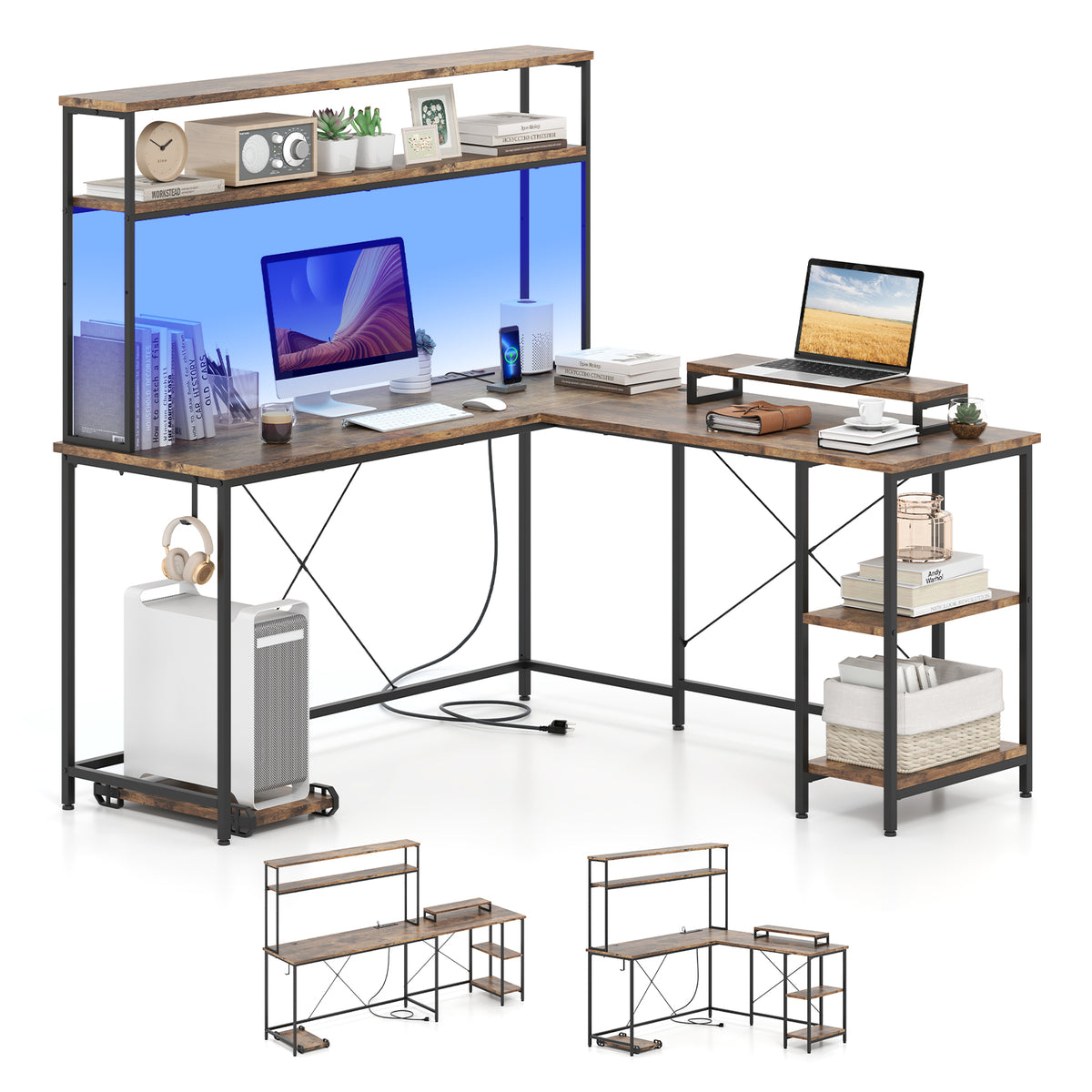 L-Shaped Reversible Gaming Desk with LED Strip and Power Outlets